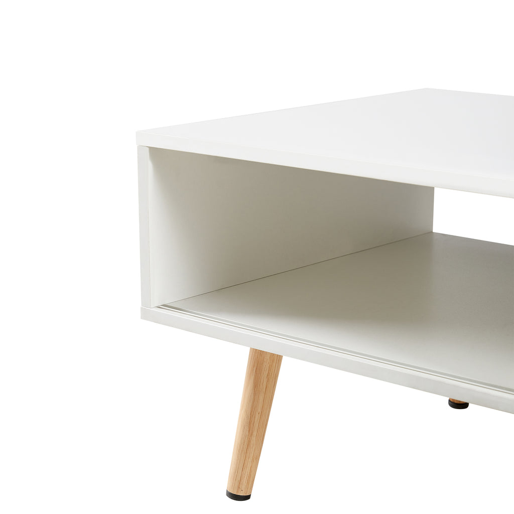 41.34' Rattan Coffee Table, Sliding Door for Storage, Solid Wood Legs, Modern Table for Living Room-White - Grand Goldman Shop