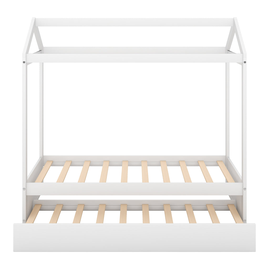 House Bed with Trundle in White, Pine Wood and MDF, Twin Size, Pre-Drilled Holes for Easy Assembly - Grand Goldman Shop