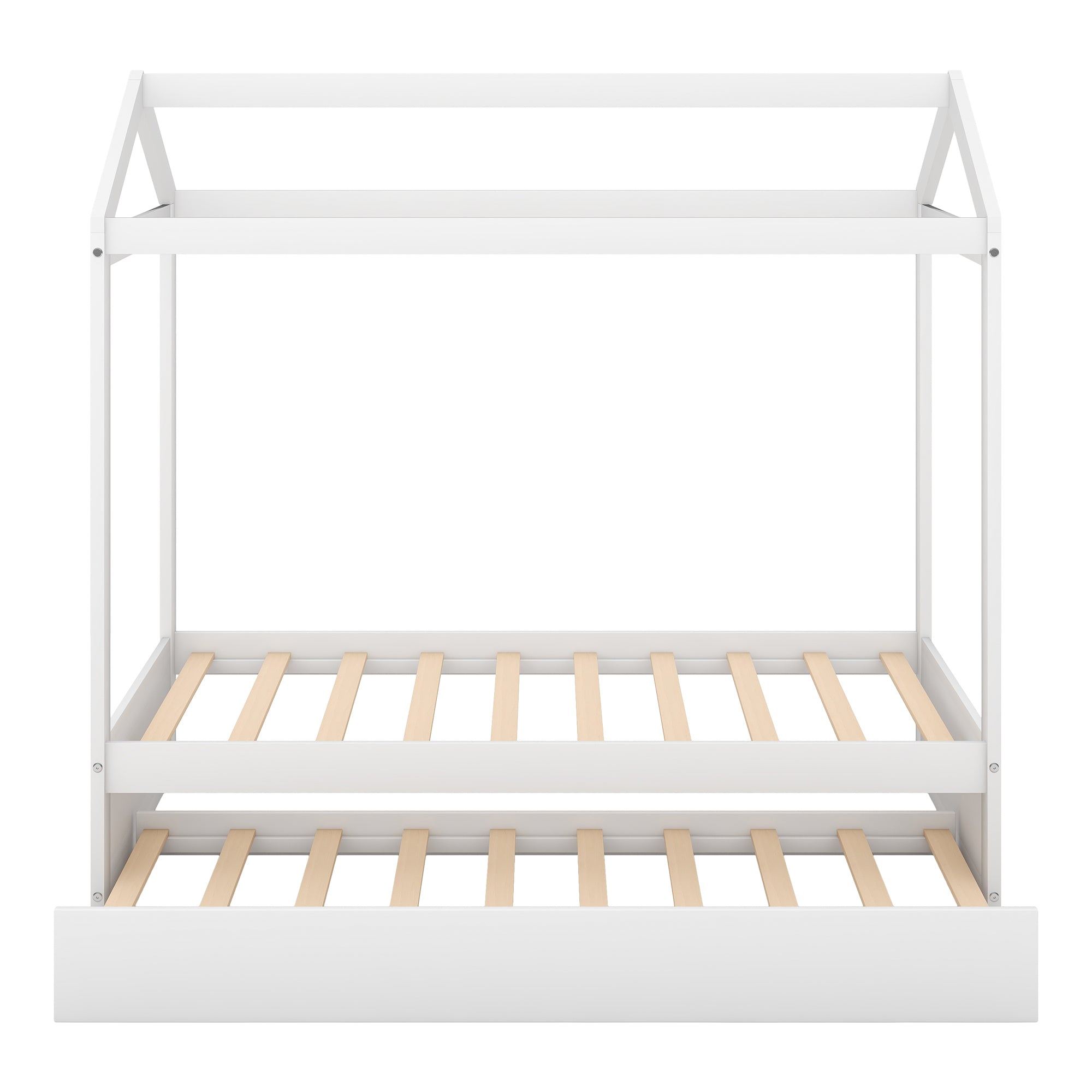 House Bed with Trundle in White, Pine Wood and MDF, Twin Size, Pre-Drilled Holes for Easy Assembly - Grand Goldman Shop