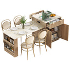 K&K 82.6' Fluted Kitchen Island with Extendable Dining Table for 4-6, Island Table for Kitchen with Power Outlet, Kitchen Table with Double-Side Storage, 2 Drawers 2 Side Open Shelves, Natural - Grand Goldman Shop
