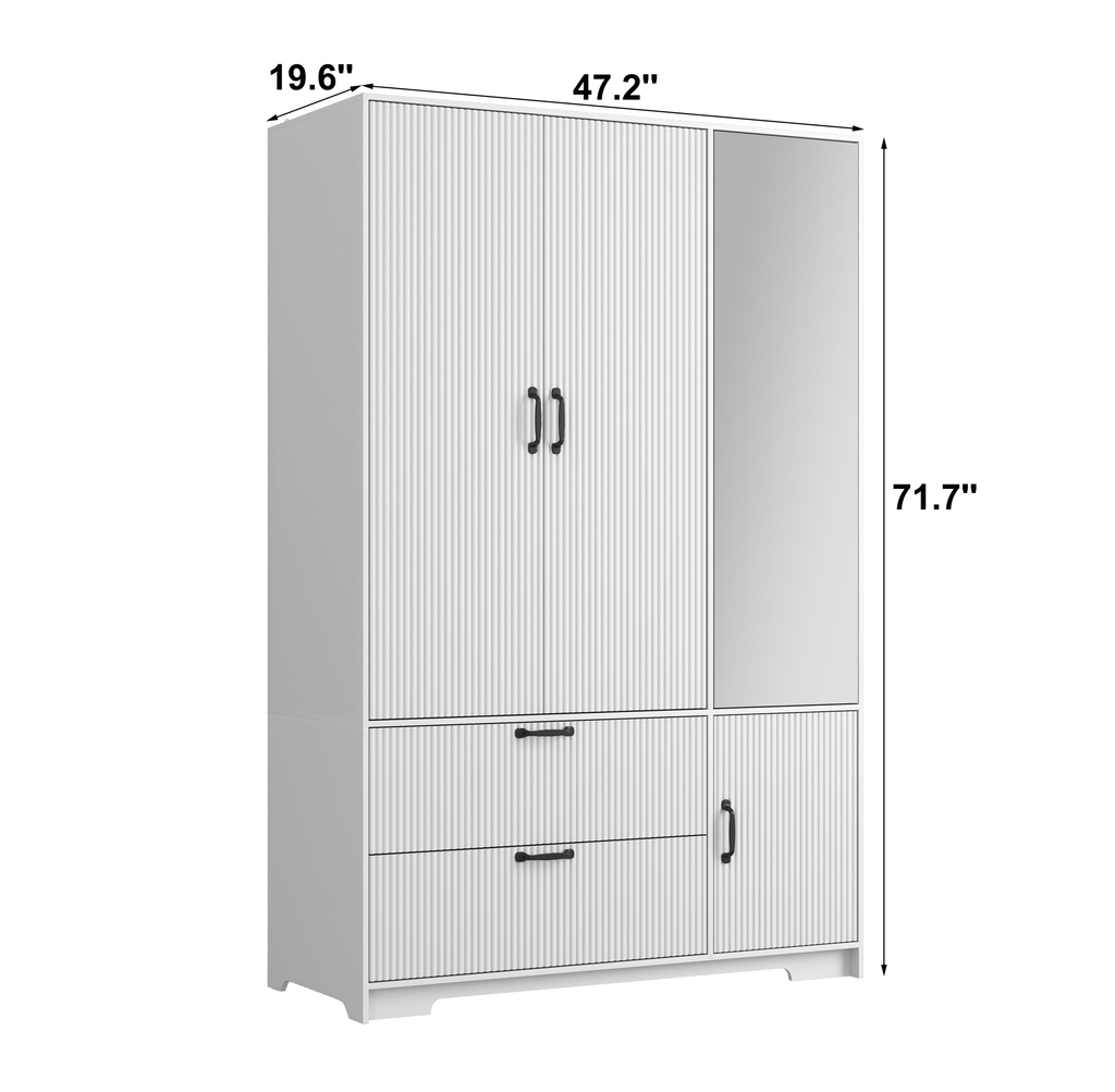 4 Doors Wardrobe Closet with Mirror, LED Wardrobe with Doors and 2 Drawers, Wooden Wardrobe Storage Cabinet with Hanging Rod, Adjustable Shelves, White - Grand Goldman Shop