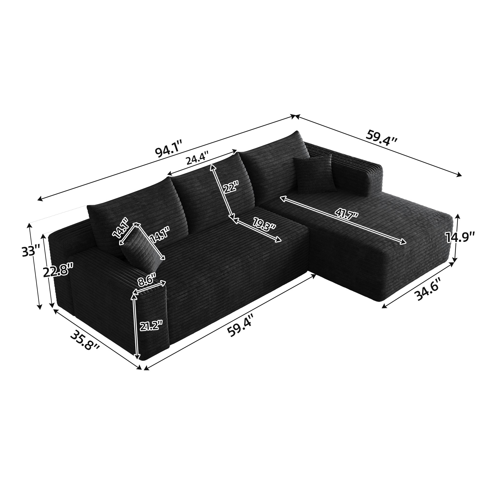 95' Cloud Sectional Sofa,Modern Minimalist Upholstered Couches, Comfort U Shaped Sofa for Living Room,Deep Seat Corner Couch,No Assembly Required,Black (Plush Corduroy Fabric) - Grand Goldman Shop