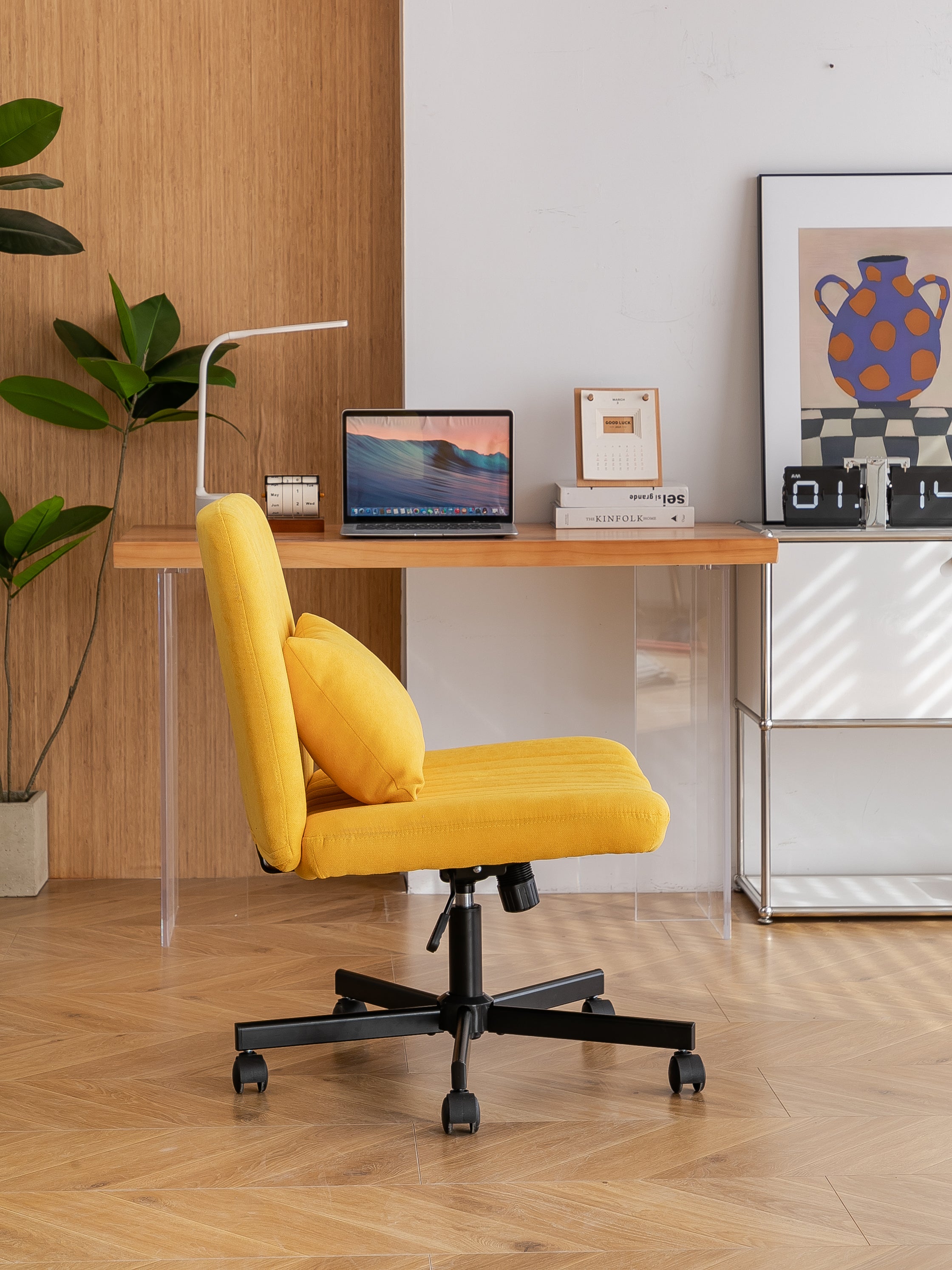 Yellow Linen Criss Cross Armless Office Chair with Wheels - Modern Comfort for Home Office, Meditation & Makeup Spaces - Gran