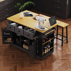 K&K 53inch Large Kitchen Island with 2 Bar Stools, Power Outlet,Door Internal Storage Rack, Kitchen Storage Cart on 5 Wheels with Drop Leaf, 5 Open Side Racks, 3 Drawers,Black (Three Packages) - Grand Goldman Shop