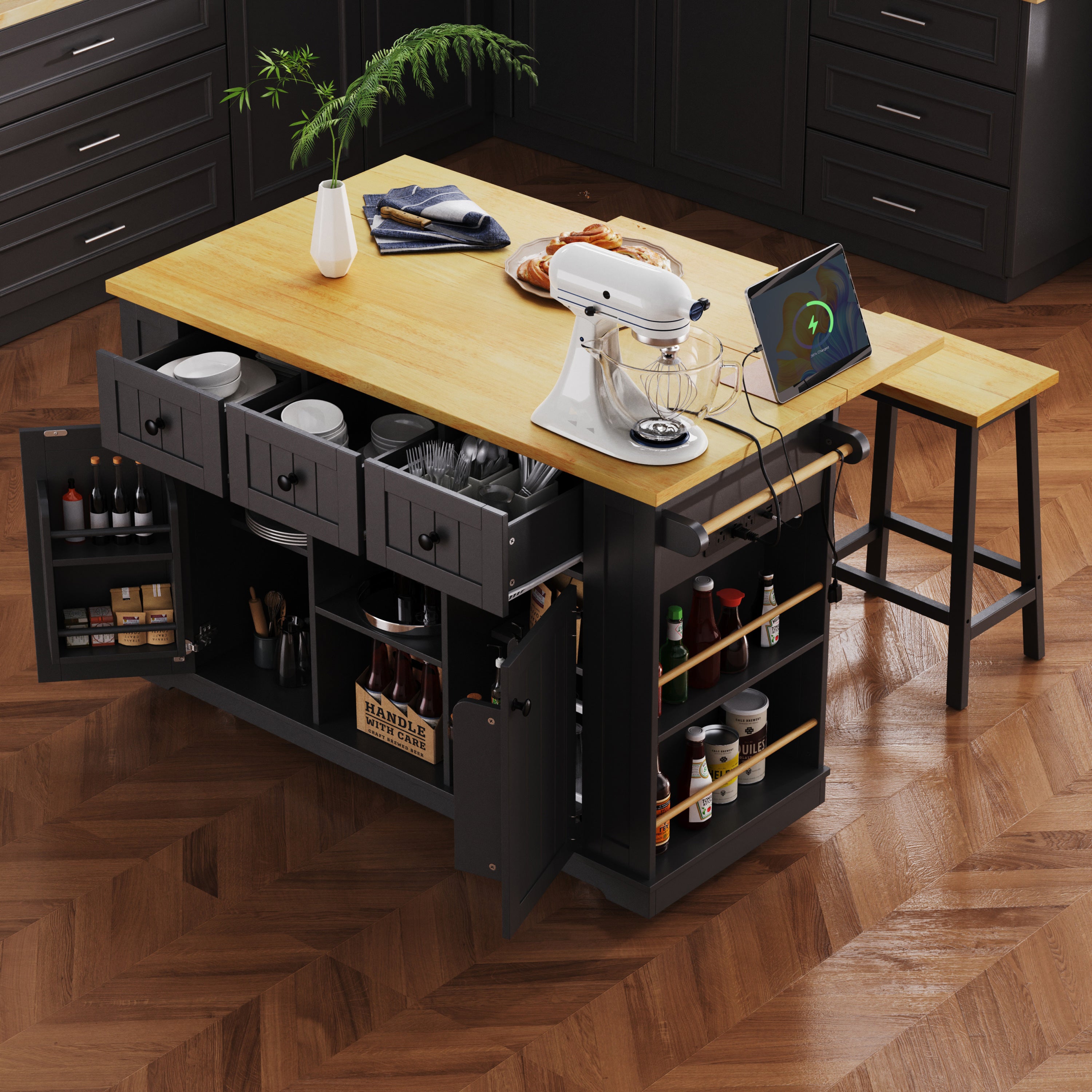 K&K 53inch Large Kitchen Island with 2 Bar Stools, Power Outlet,Door Internal Storage Rack, Kitchen Storage Cart on 5 Wheels with Drop Leaf, 5 Open Side Racks, 3 Drawers,Black (Three Packages) - Grand Goldman Shop