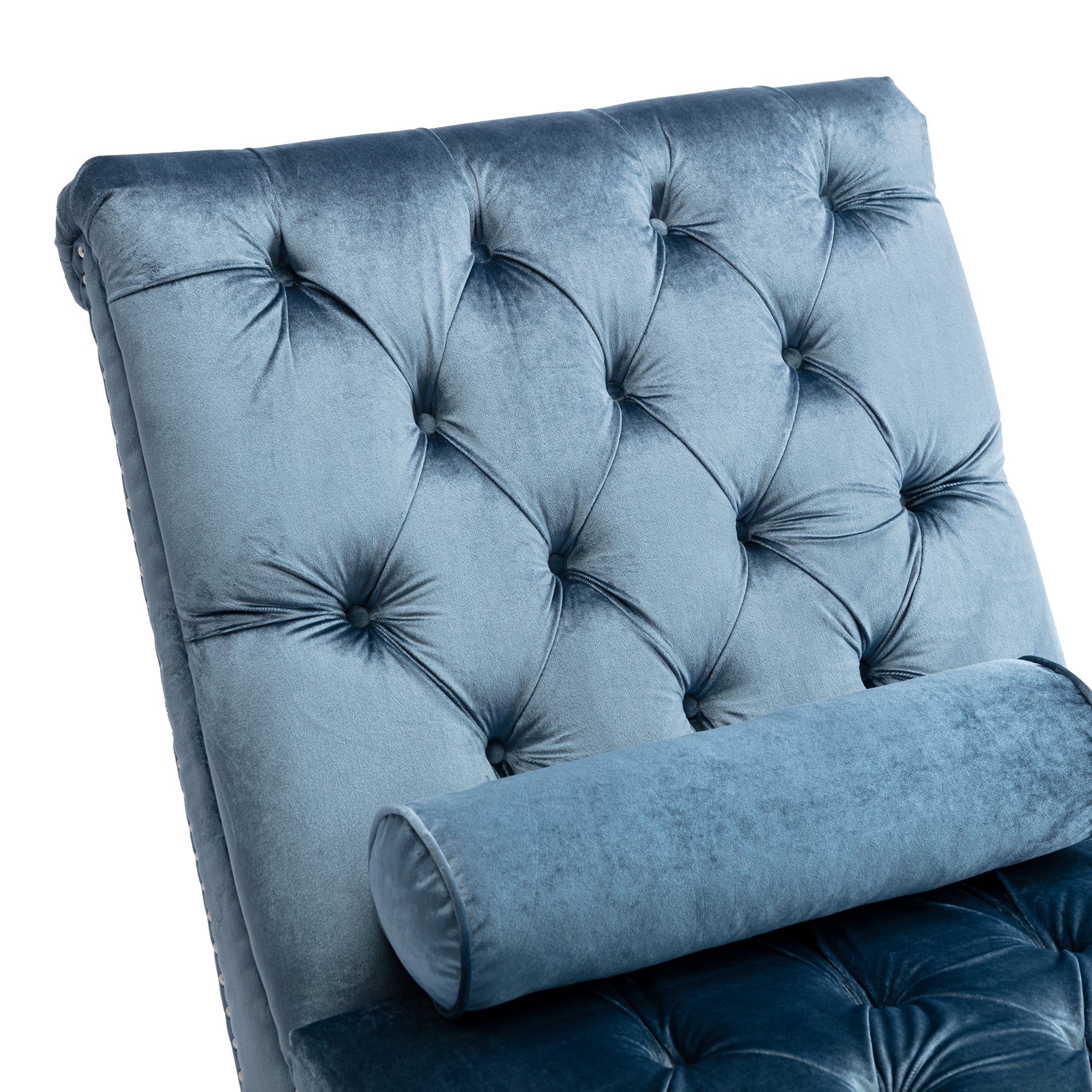 Velvet Chaise Lounge Chair with Pillow, Button-Tufted Upholstered, Light Blue, Solid Wood Frame, Acrylic Legs - Grand Goldman Shop