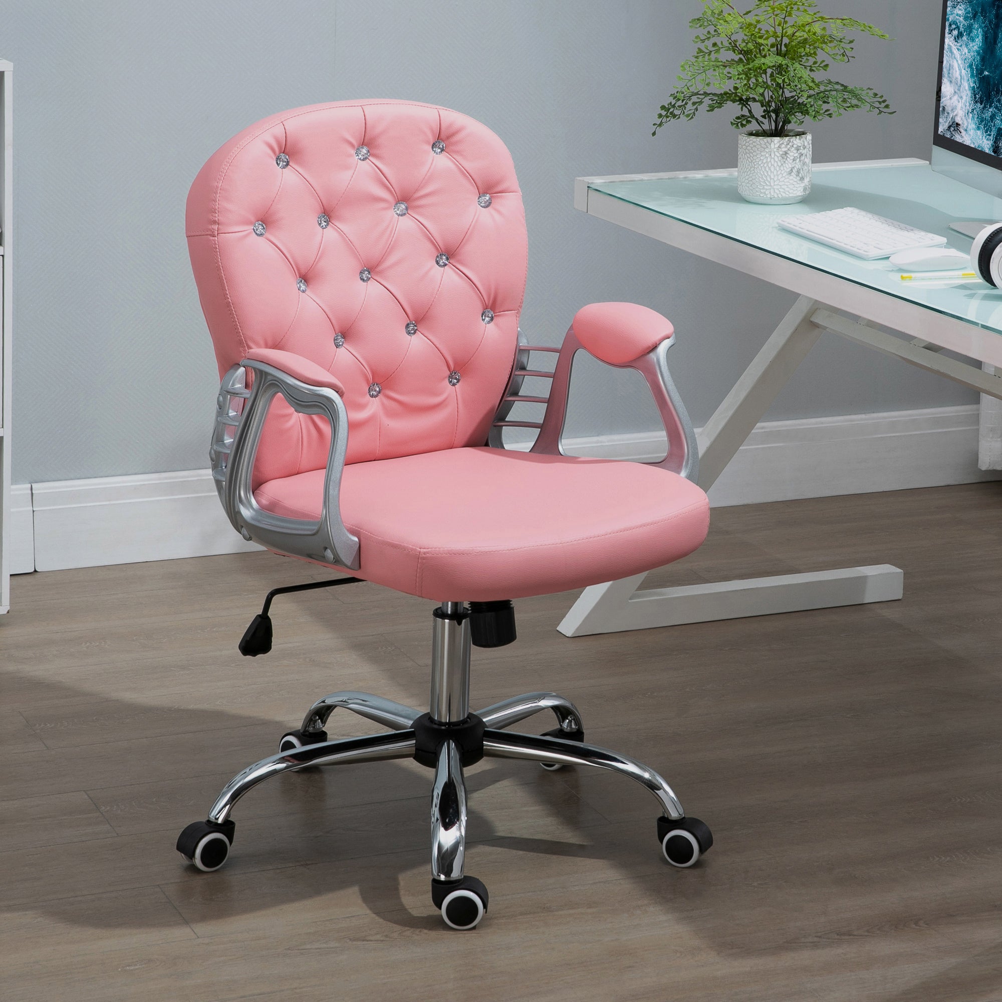 PU Leather Home Office Chair, Button Tufted Desk Chair with Padded Armrests, Adjustable Height and Swivel Wheels, Pink - Gran