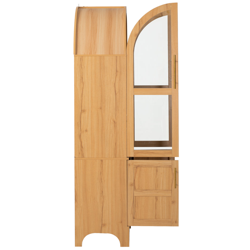 K&K 71' Tall Arched Kitchen Pantry Cabinet with Door Shelves, Farmhouse Kitchen Storage Cabinet with Open & Adjustable Shelves, Hidden Drawer & Glass Door, Cupboard for Kitchen, Dining Room, Natural - Grand Goldman Shop