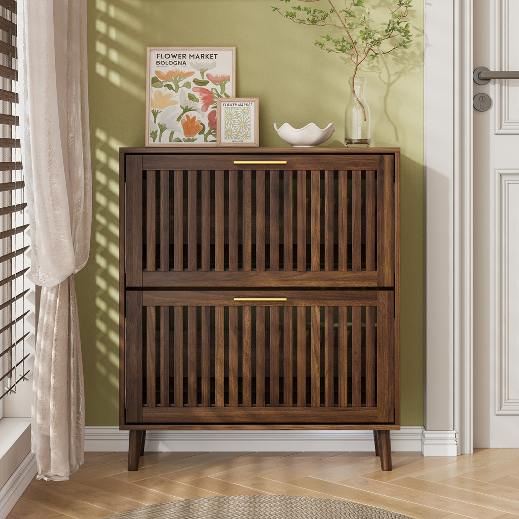 Medieval Modern Walnut Shoe Storage Cabinet With 2 Flip Drawers And Fence Design, 31.5-Inch, Particle Board + MDF - Grand Goldman Shop