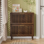 Medieval Modern Walnut Shoe Storage Cabinet With 2 Flip Drawers And Fence Design, 31.5-Inch, Particle Board + MDF - Grand Goldman Shop