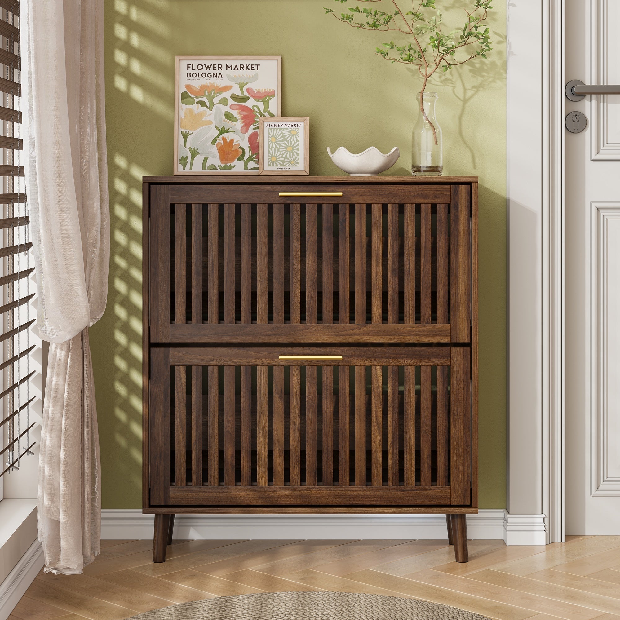 Medieval Modern Walnut Shoe Storage Cabinet With 2 Flip Drawers And Fence Design, 31.5-Inch, Particle Board + MDF - Grand Goldman Shop