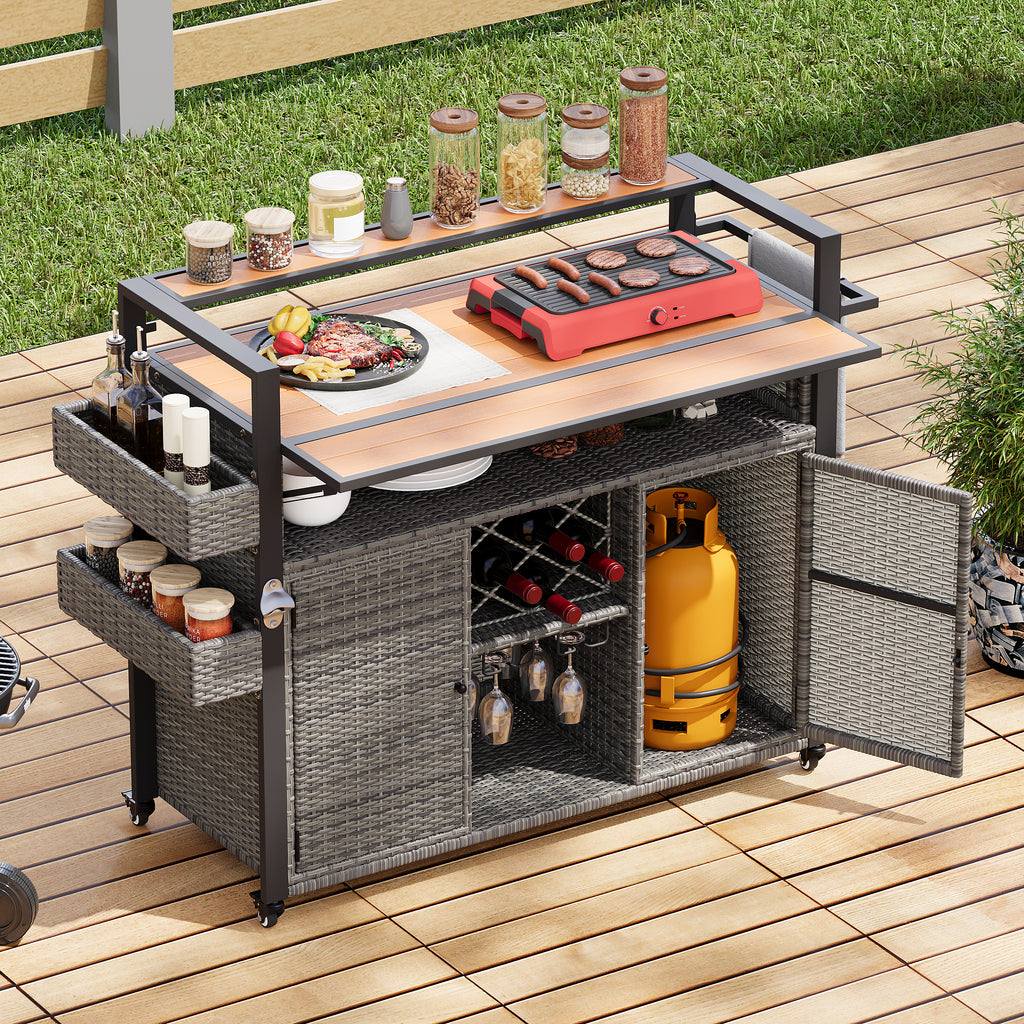K&K 52.8'W Wicker Outdoor Grill Cart with Extended Plastic Wood Table Top, Rolling Kitchen Island on Wheels with Storage Cabinet, for Patio Backyard Garden Poolside, Double Handle Design, Grey - Grand Goldman Shop