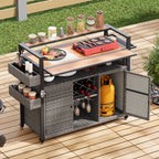 K&K 52.8'W Wicker Outdoor Grill Cart with Extended Plastic Wood Table Top, Rolling Kitchen Island on Wheels with Storage Cabinet, for Patio Backyard Garden Poolside, Double Handle Design, Grey - Grand Goldman Shop
