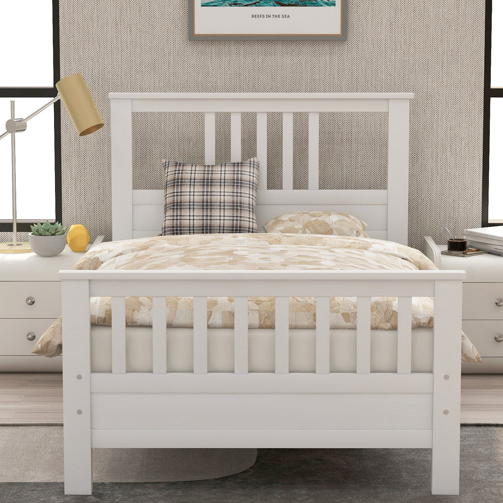 White Pine Wood Platform Bed with Paneled Headboard and Footboard, Twin Size, Solid Wood Frame with 10 Slats - Grand Goldman Shop