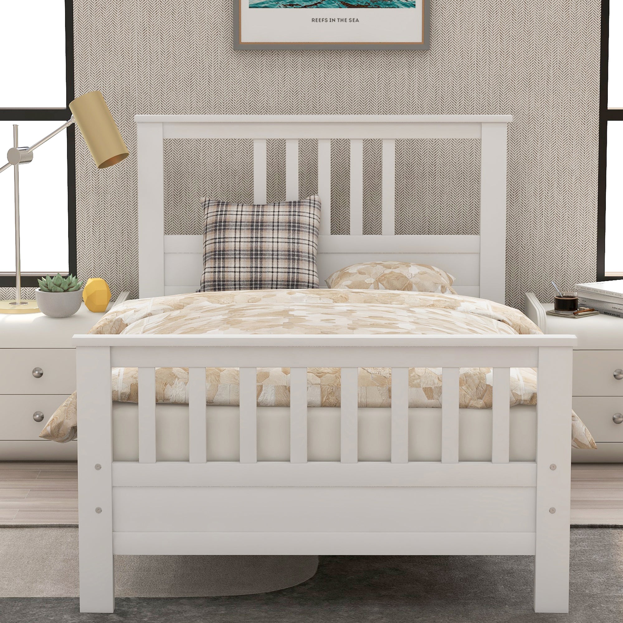 White Pine Wood Platform Bed with Paneled Headboard and Footboard, Twin Size, Solid Wood Frame with 10 Slats - Grand Goldman Shop