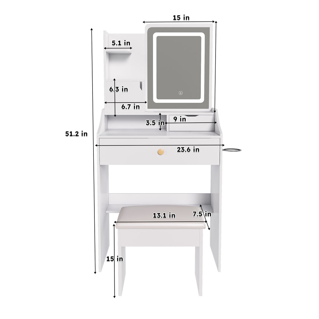 Pink LED Vanity Mirror with Stool, 2 Drawers & 5 Storage Cabinets, Adjustable Lighting, White MDF Dressing Table for Bedroom - Grand Goldman Shop