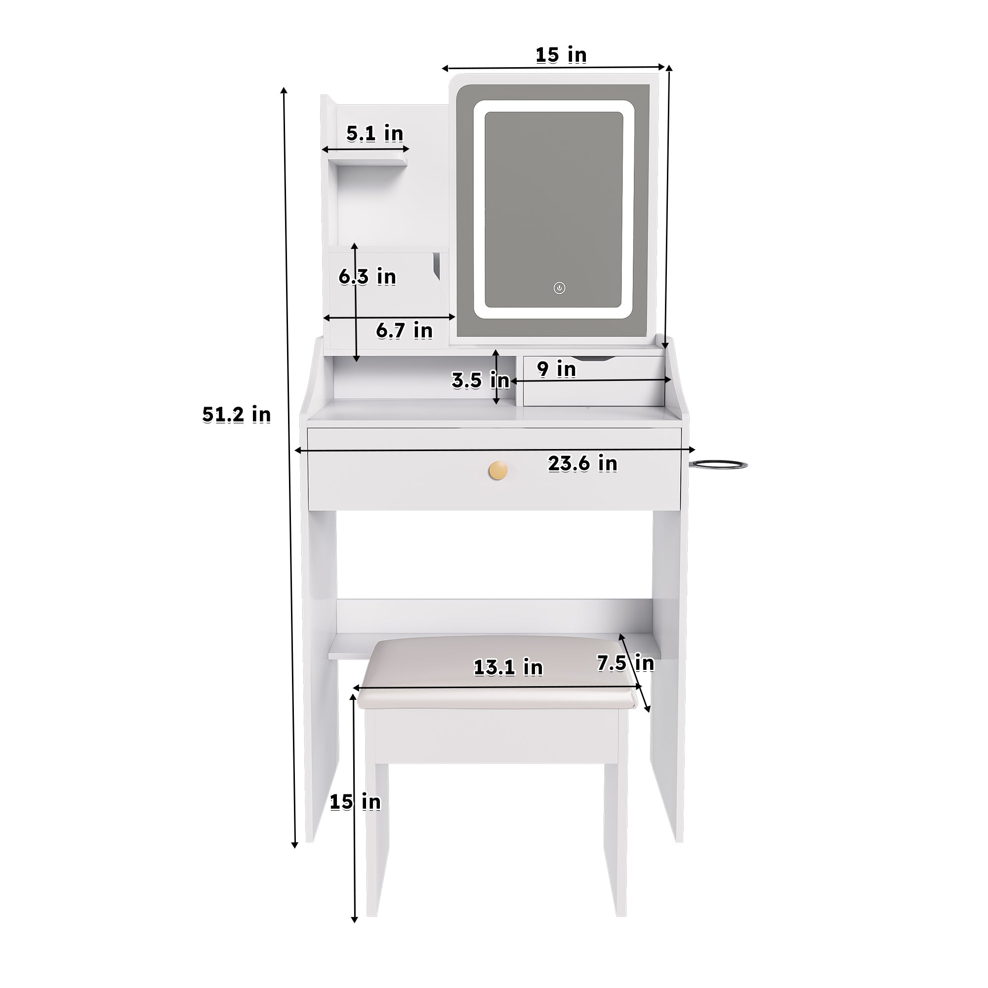Pink LED Vanity Mirror with Stool, 2 Drawers & 5 Storage Cabinets, Adjustable Lighting, White MDF Dressing Table for Bedroom - Grand Goldman Shop