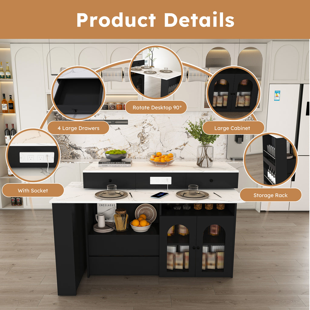 Retro Kitchen Island with Extendable Rotating Table, Black Marble Veneer on MDF, 4 Drawers & Glass Door Cabinets, Built-in Socket, Fits 2-4 People - Grand Goldman Shop