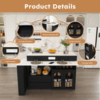Retro Kitchen Island with Extendable Rotating Table, Black Marble Veneer on MDF, 4 Drawers & Glass Door Cabinets, Built-in Socket, Fits 2-4 People - Grand Goldman Shop