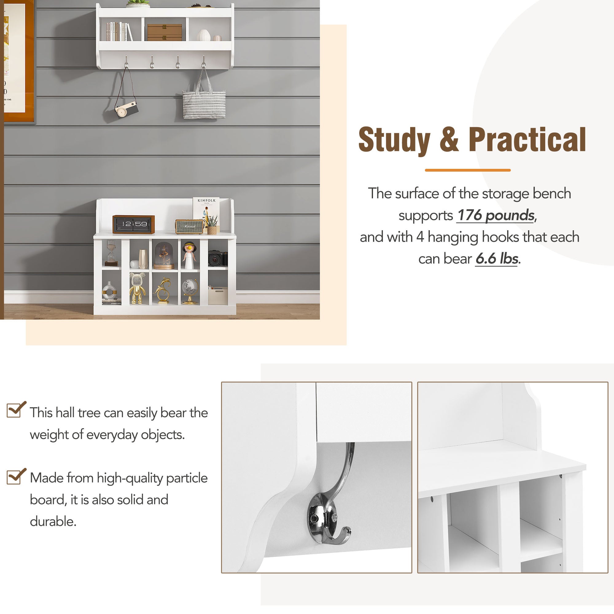 ON-TREND Shoe Storage Bench with Shelves and 4 Hooks, Elegant Hall Tree with Wall Mounted Coat Rack, Entryway Organizer For Hallway, Foyer, Mudroom, White - Grand Goldman Shop