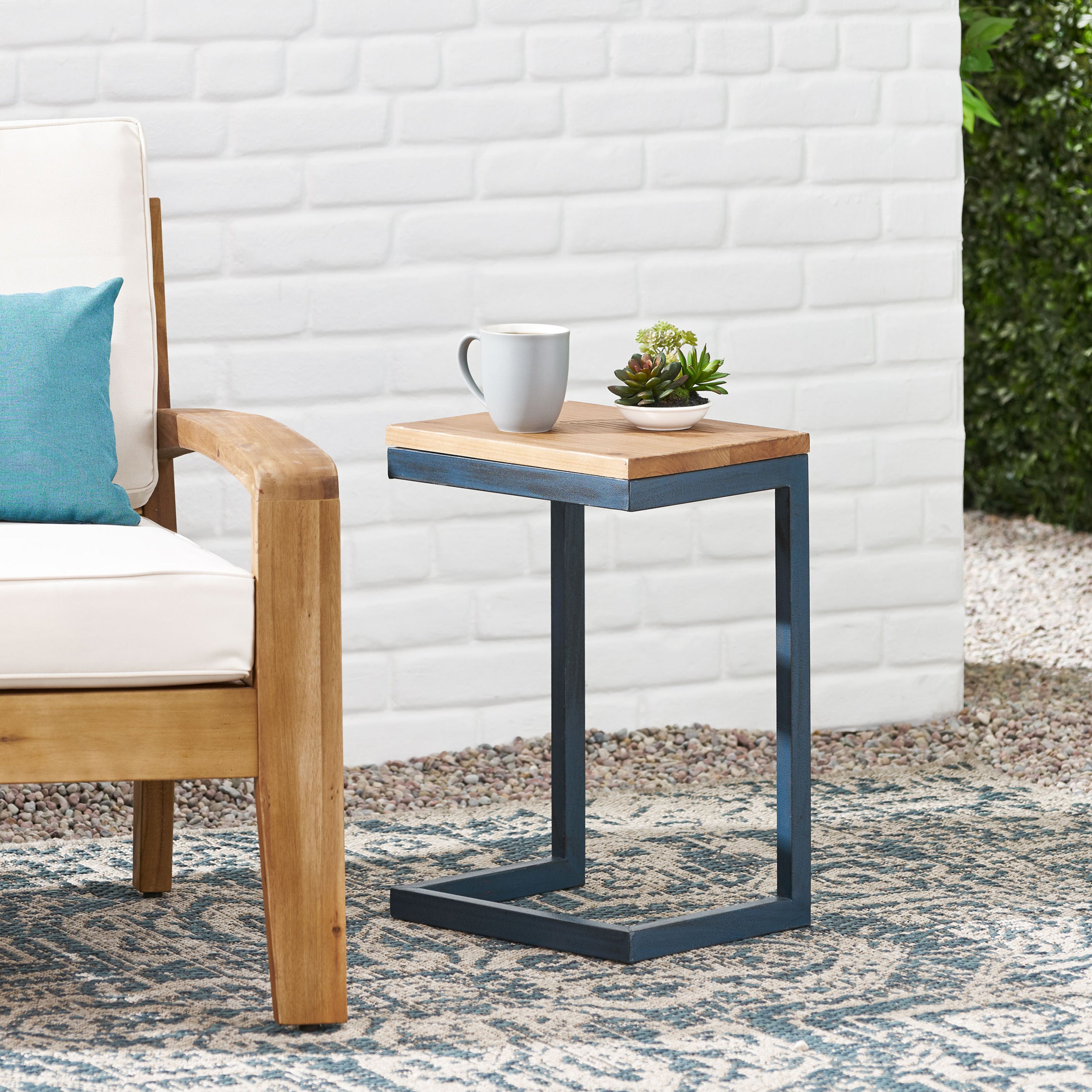 Small C-shaped End Table with Iron Base and Fir Wood Top, Black - Grand Goldman Shop