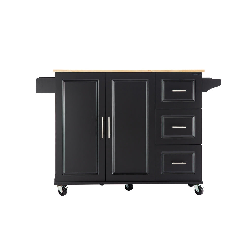 Kitchen Island & Kitchen Cart, Mobile Kitehcn Island with Extensible Rubber Wood Table Top,adjustable Shelf Inside Cabinet for Different Utensils, 3 Big Drawers, with Spice Rack, Towel Rack, Black-Bee - Grand Goldman Shop