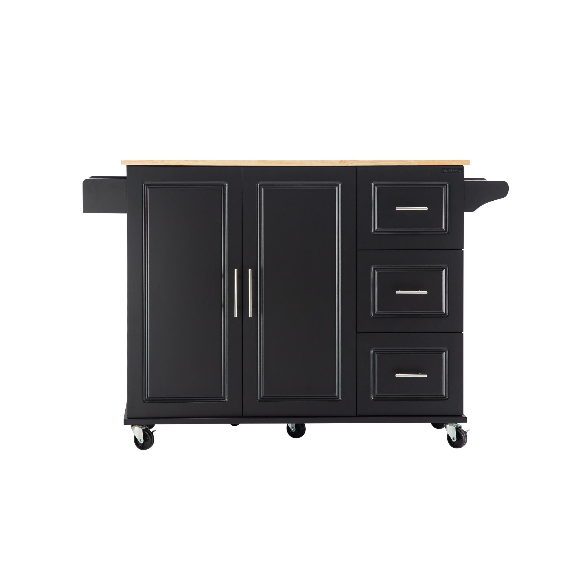 Kitchen Island & Kitchen Cart, Mobile Kitehcn Island with Extensible Rubber Wood Table Top,adjustable Shelf Inside Cabinet for Different Utensils, 3 Big Drawers, with Spice Rack, Towel Rack, Black-Bee - Grand Goldman Shop