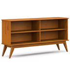Draper Low Bookcase in Teak Brown: Mid-Century Modern Solid Wood Storage Unit with 4 Open Shelves, 14D x 64W x 30H - Grand Go