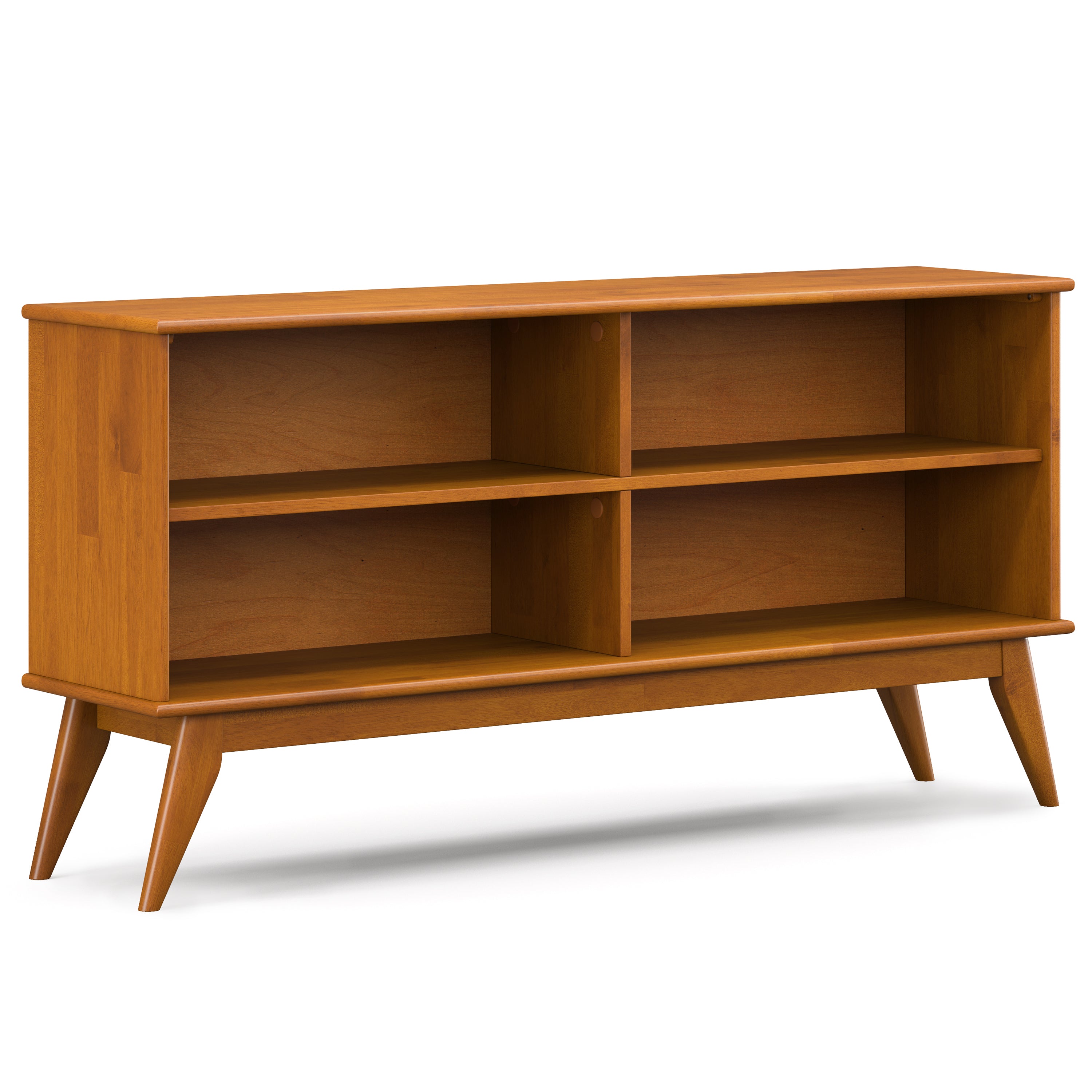 Draper Low Bookcase in Teak Brown: Mid-Century Modern Solid Wood Storage Unit with 4 Open Shelves, 14D x 64W x 30H - Grand Go