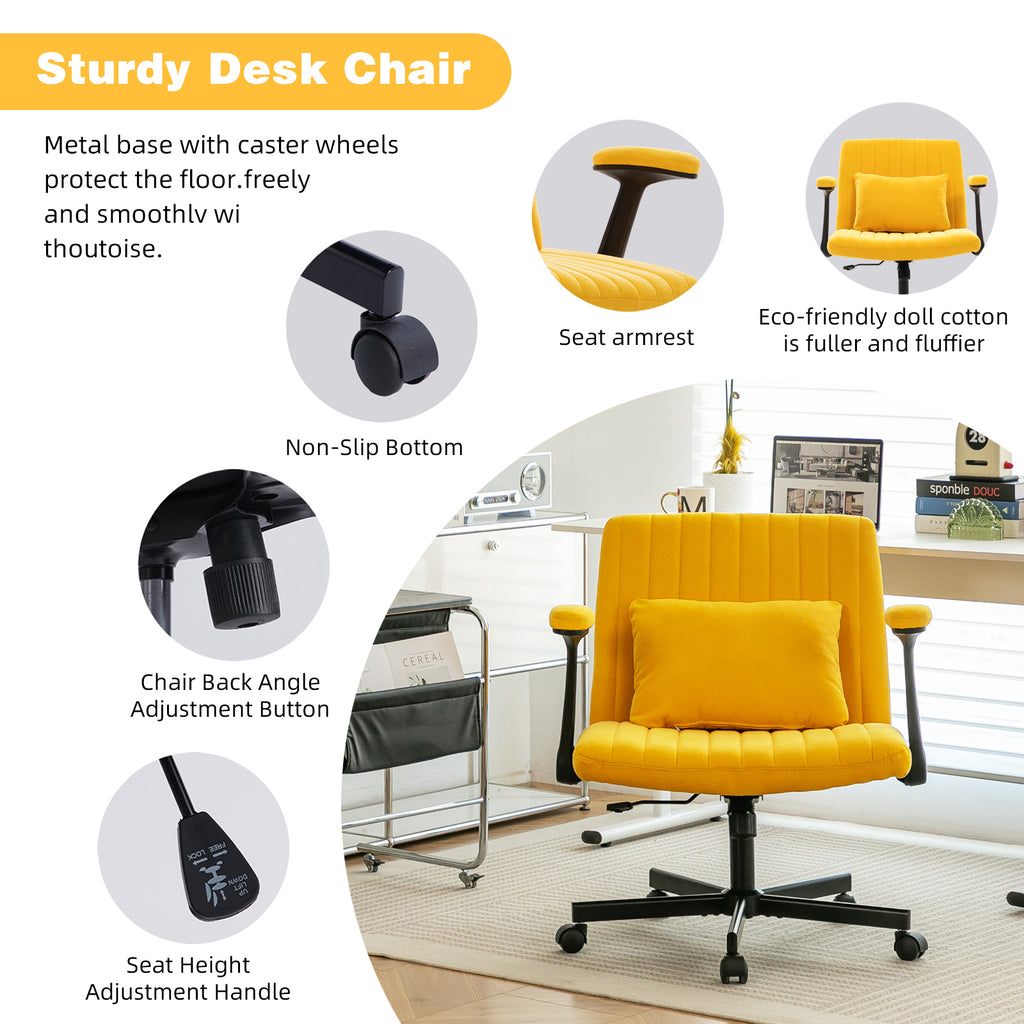Modern Yellow Linen Criss Cross Armrest Office Chair with Wheels - Ergonomic Design for Home Office, Work & Study - Grand Gol