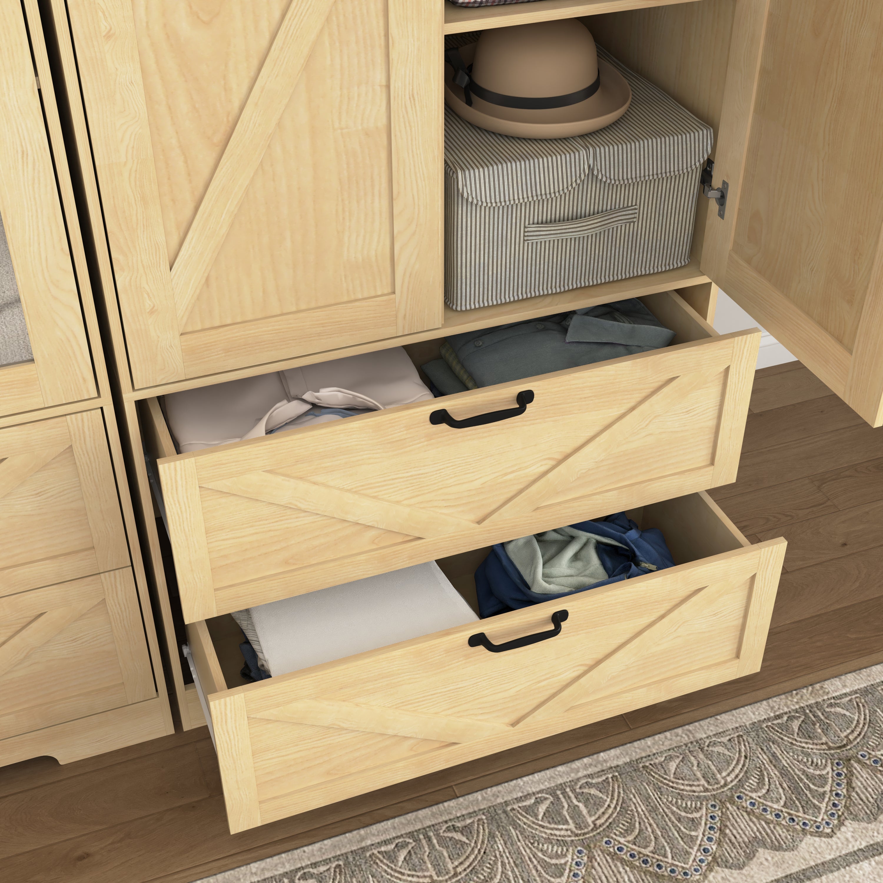 2 Door Wood Wardrobe for Bedroom with Hanging Clothing Rod inside the Cabinet and 2 Drawers for Storage Organization, Built-in induction light Multifunctional Closet with Mirror, Natural - Grand Goldman Shop