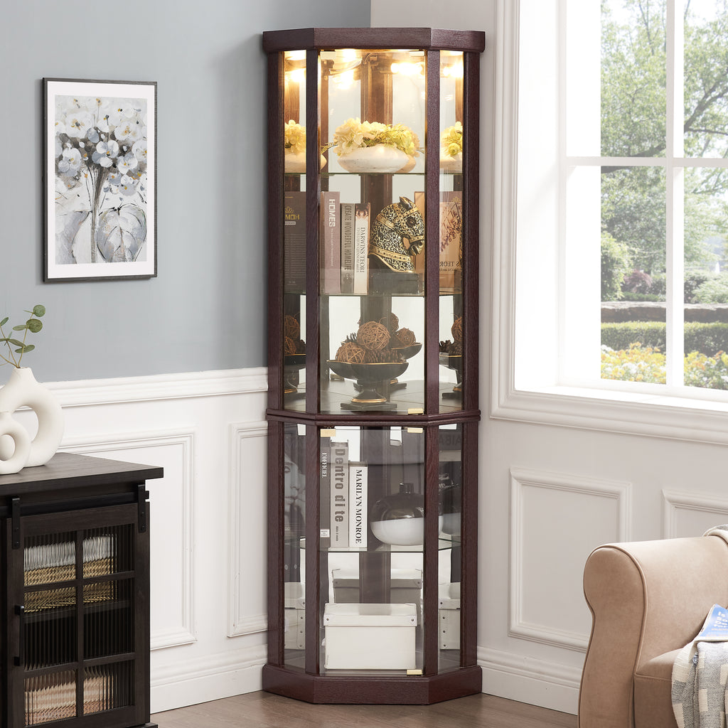 Corner Lighted Curio Cabinet Corner Glass Cabinet Lighted Curio Cabinet Corner Display Case for Living Room, Curio Cabinet, Antique collection, Wine,Bar Glass Storage Light Included,Dark Cherry - Grand Goldman Shop