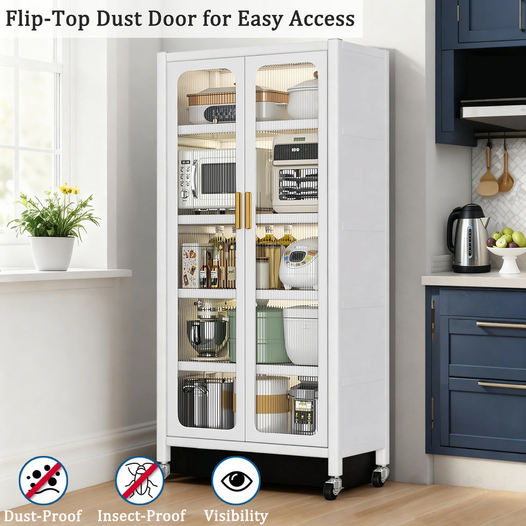 65'  Metal 6-Tier Storage Cabinet with Transparent Door, Adjustable Shelves & Wheels, for Kitchen Pantry Organization, White Metal - Grand Goldman Shop