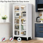65'  Metal 6-Tier Storage Cabinet with Transparent Door, Adjustable Shelves & Wheels, for Kitchen Pantry Organization, White Metal - Grand Goldman Shop