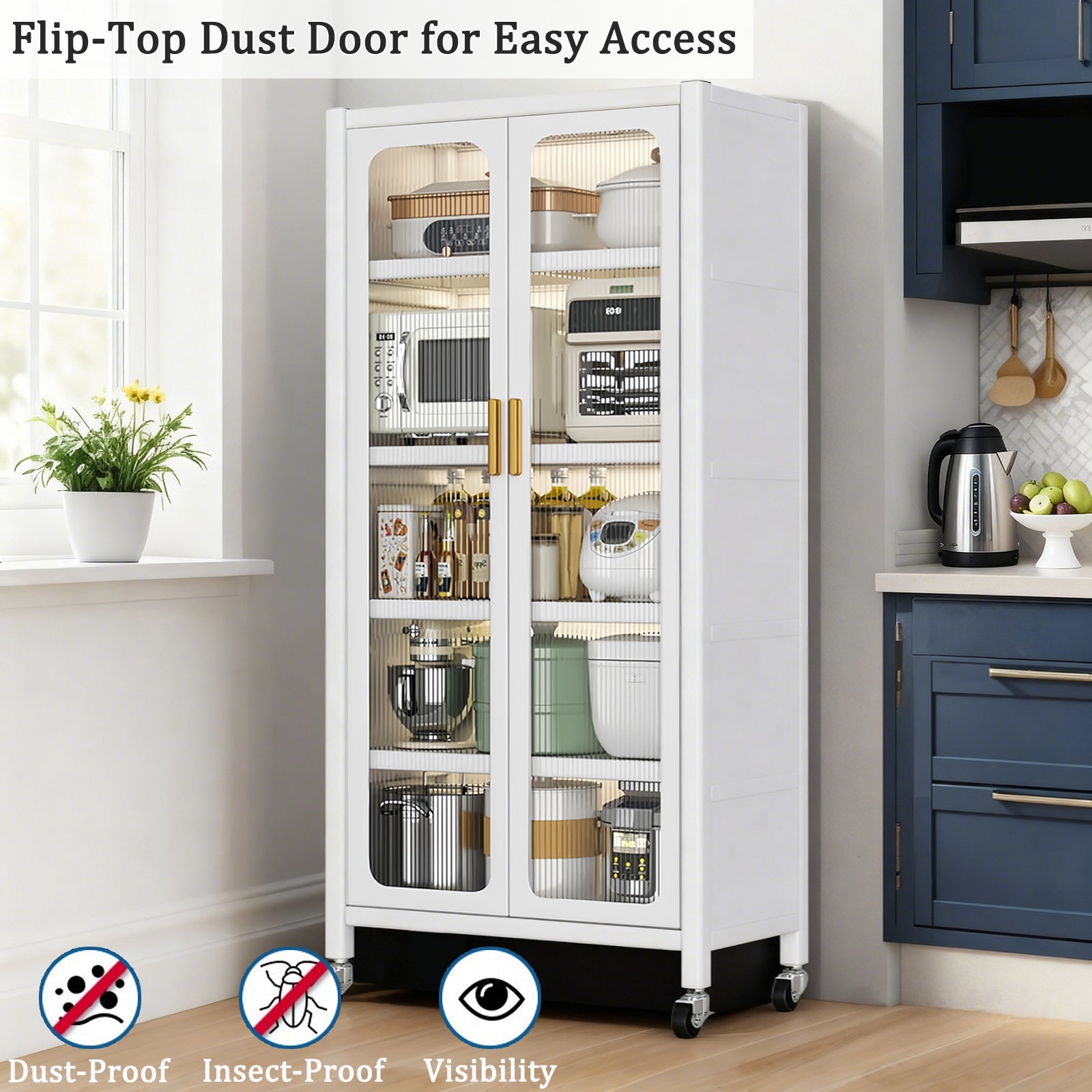 65'  Metal 6-Tier Storage Cabinet with Transparent Door, Adjustable Shelves & Wheels, for Kitchen Pantry Organization, White Metal - Grand Goldman Shop