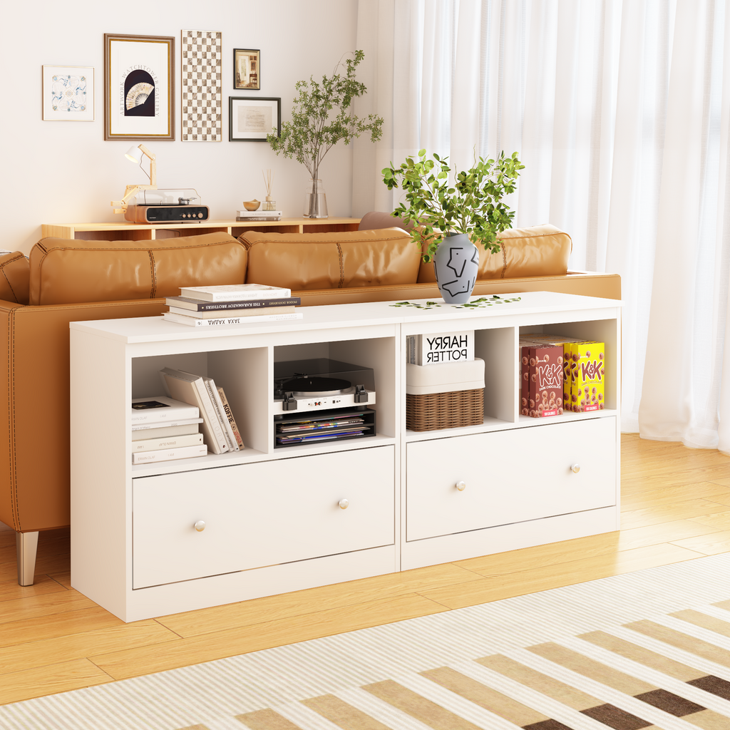 White Wooden Kids Toy Storage Organizer with Large Drawer and Low Bookshelf for Nursery & Playroom, Engineered Wood Cabinet f