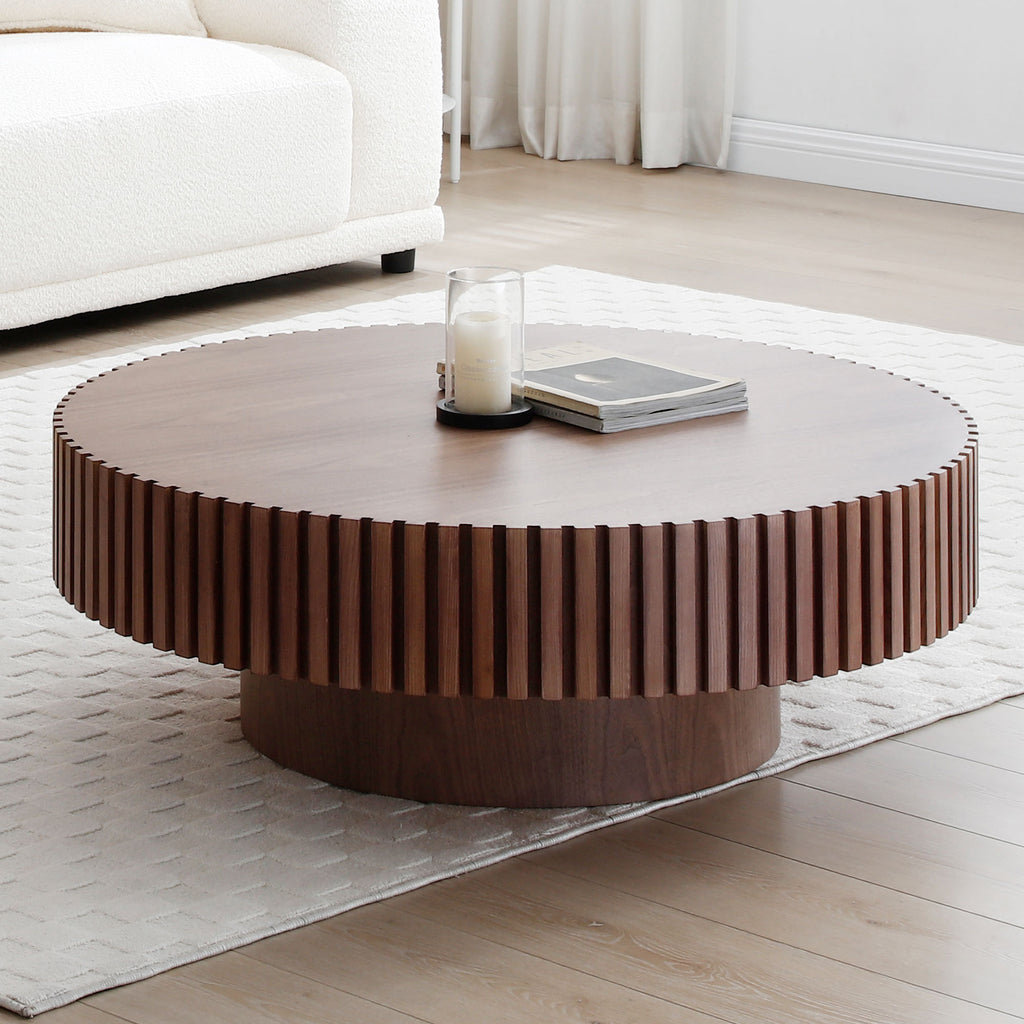 31.49'' Round Coffee Table Small Coffee Table for Apartment, Modern Living Room Coffee Table with Sturdy Pedestal,WALNUT (Same Sku:W876P243947) - Grand Goldman Shop