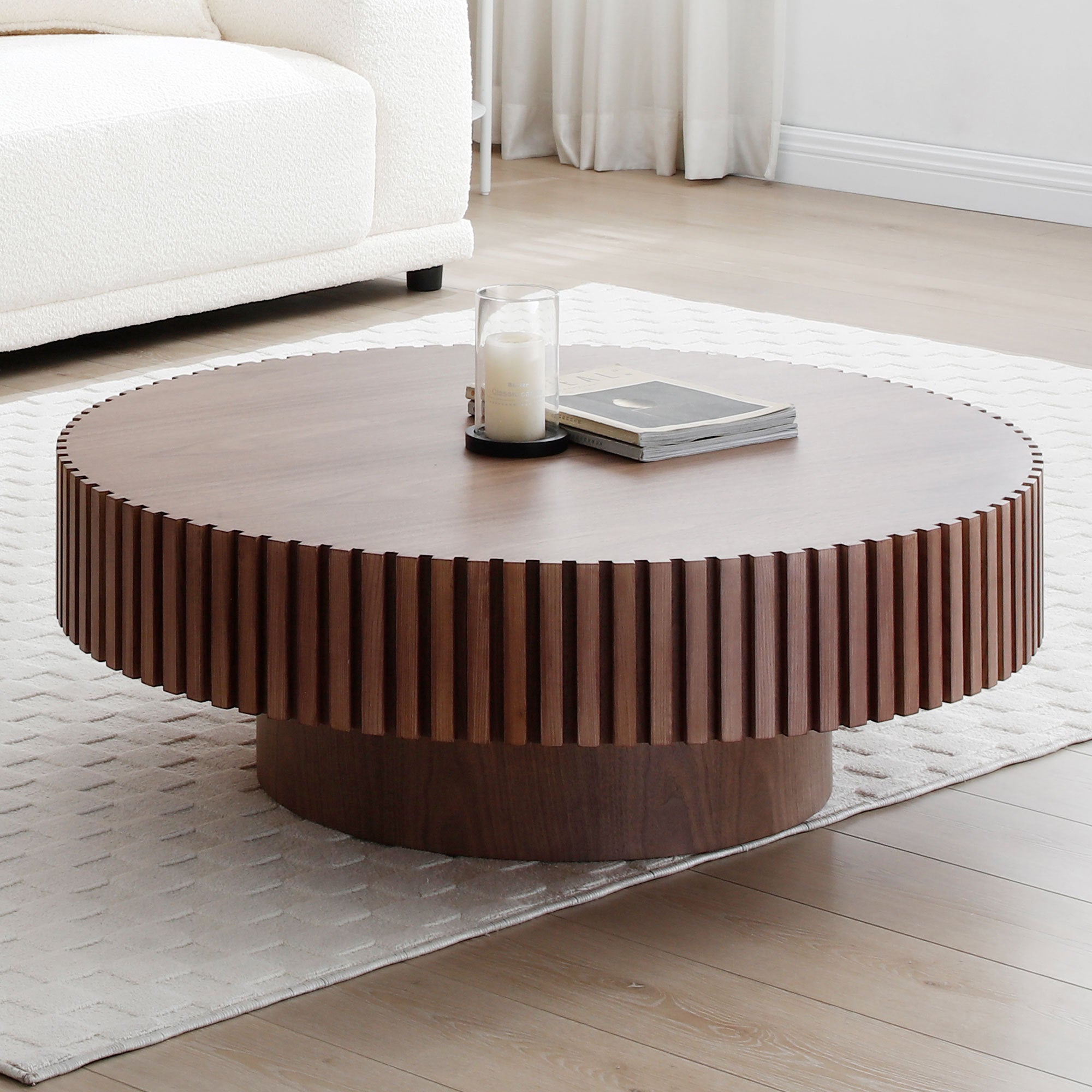 31.49'' Round Coffee Table Small Coffee Table for Apartment, Modern Living Room Coffee Table with Sturdy Pedestal,WALNUT (Same Sku:W876P243947) - Grand Goldman Shop