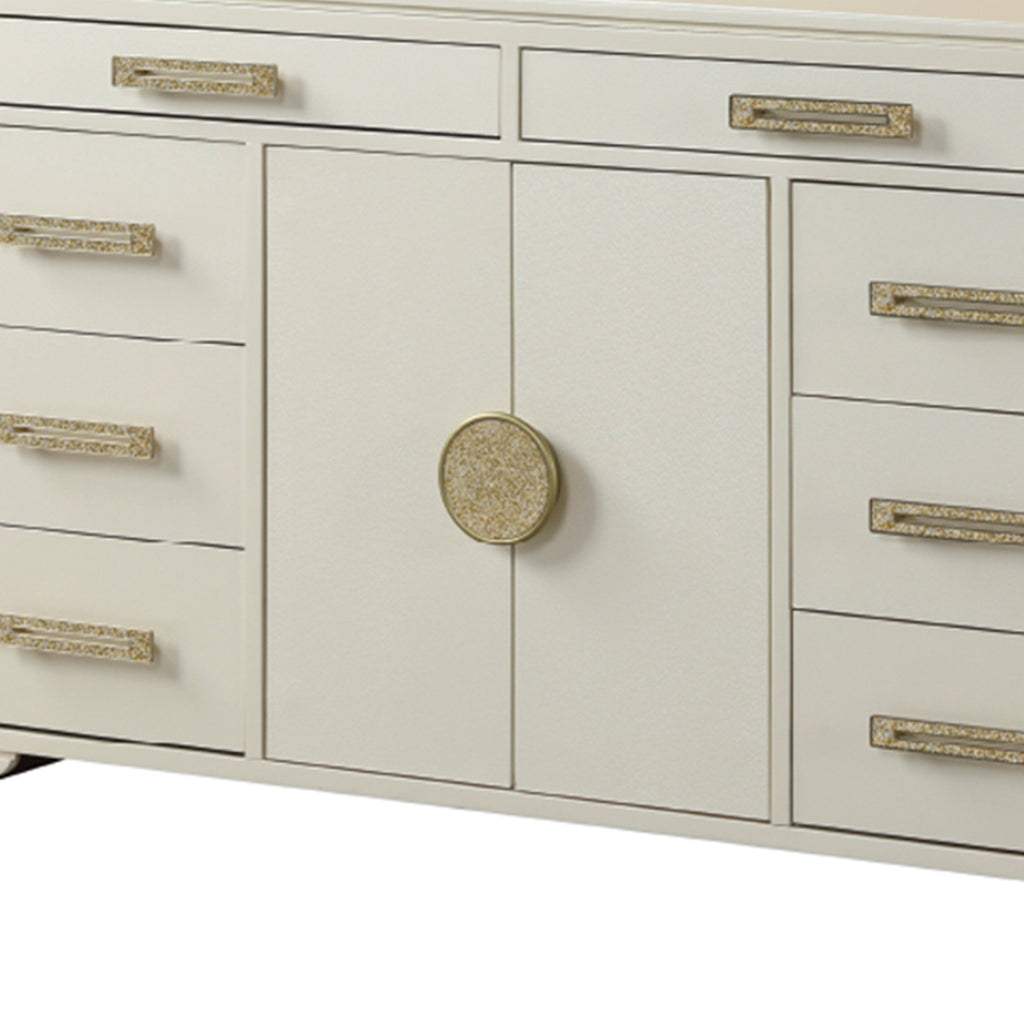 Jasmine Queen 5 Pc LED Bedroom Set in Beige made with Wood and Gold Accents - Grand Goldman Shop