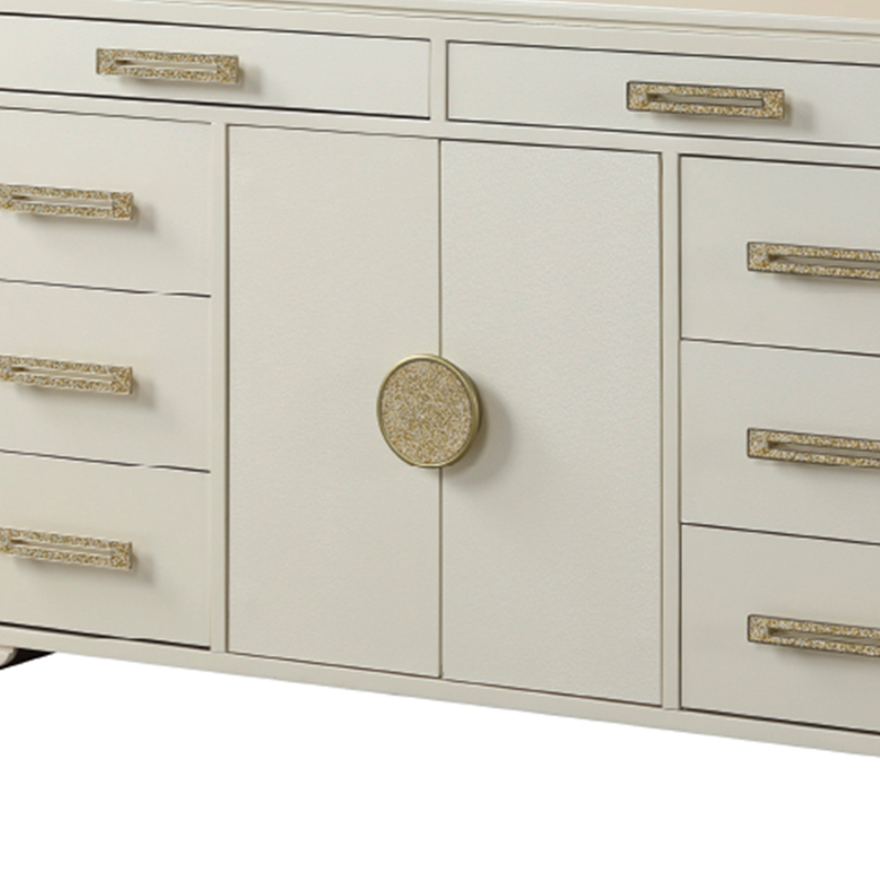 Jasmine Queen 5 Pc LED Bedroom Set in Beige made with Wood and Gold Accents - Grand Goldman Shop