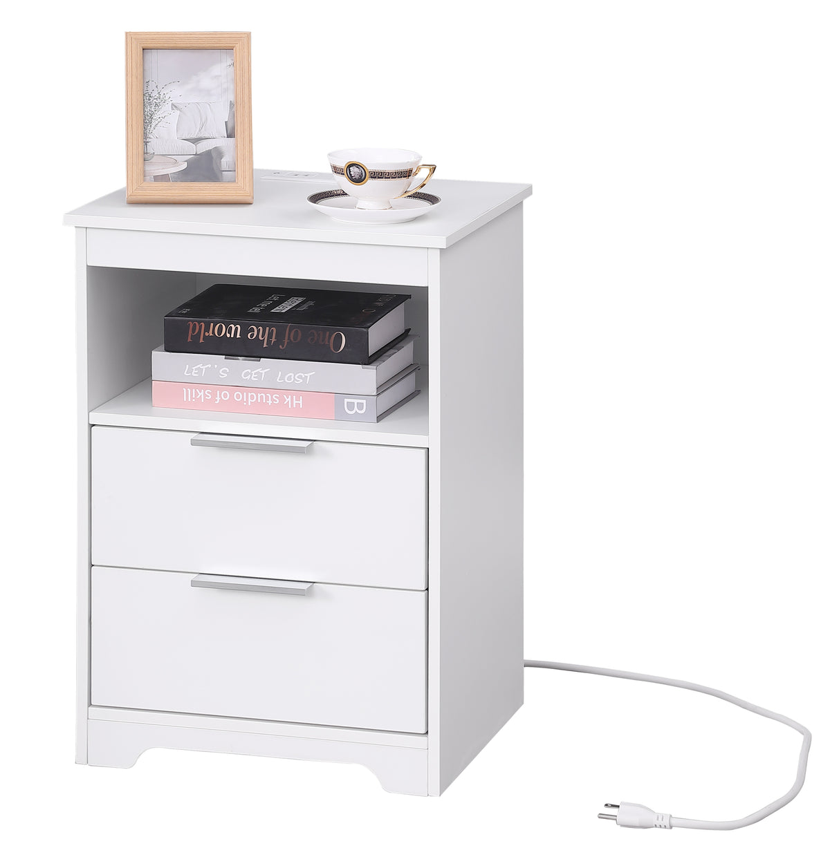Nightstand with Charging Station,End Table with 2 Drawers,Wooden End Table with Drawer and Opening Shelf,Side Table for Bedroom, White - Grand Goldman Shop