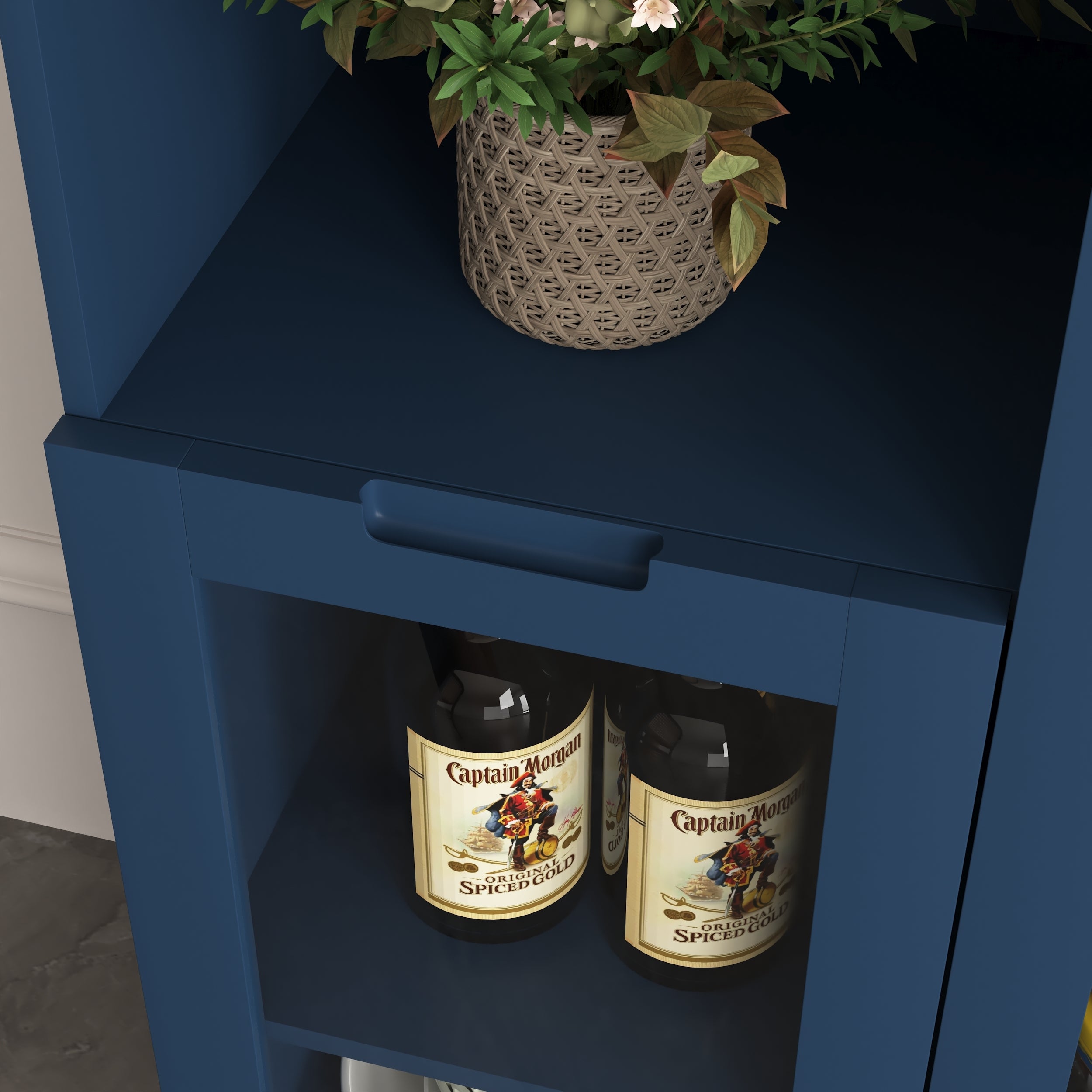 Navy Blue MDF Painted Cabinet with Glass Doors, Drawer, and Open Storage Space for Bedroom and Living Room - Grand Goldman Shop