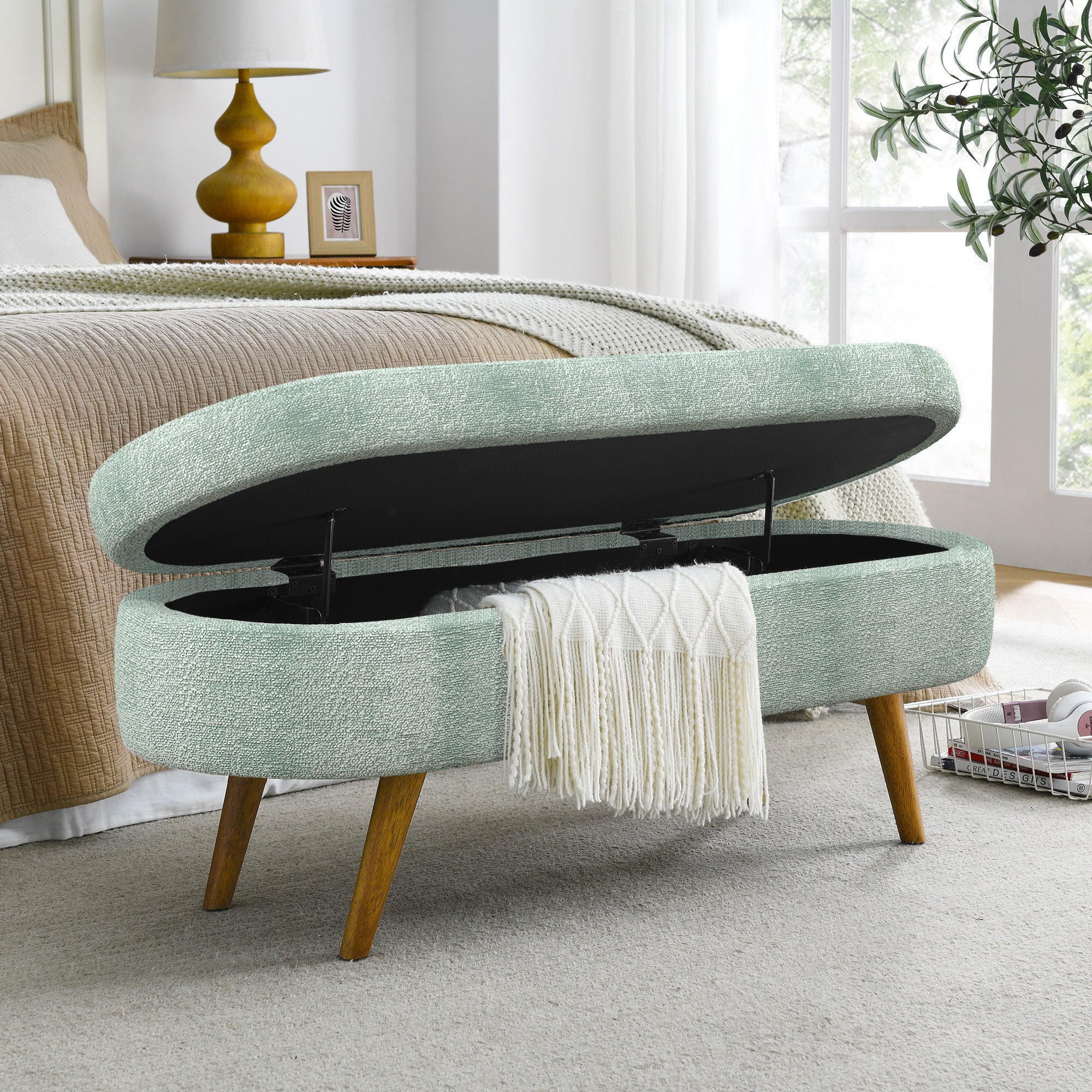 Cyan Ottoman Oval Storage Bench with Rubber Wood Legs, Gray Fabric, 43.5'x16'x16' - Grand Goldman Shop