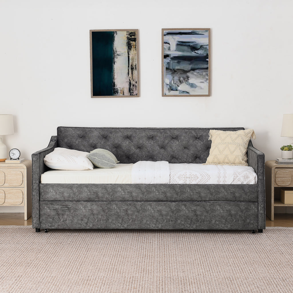 Grey Velvet Mid-Century Style Twin Upholstered Daybed with Pop-Up Trundle and USB Charging Armrest - Grand Goldman Shop