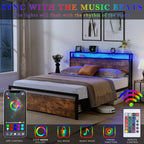 Full Size Bed Frame with Storage Headboard and 2 Drawers, LED Lights Bed with Charging Station, Metal Platform Bed No Noise, Mattress Foundation Strong Metal Slats Support No Box Spring Needed - Grand Goldman Shop