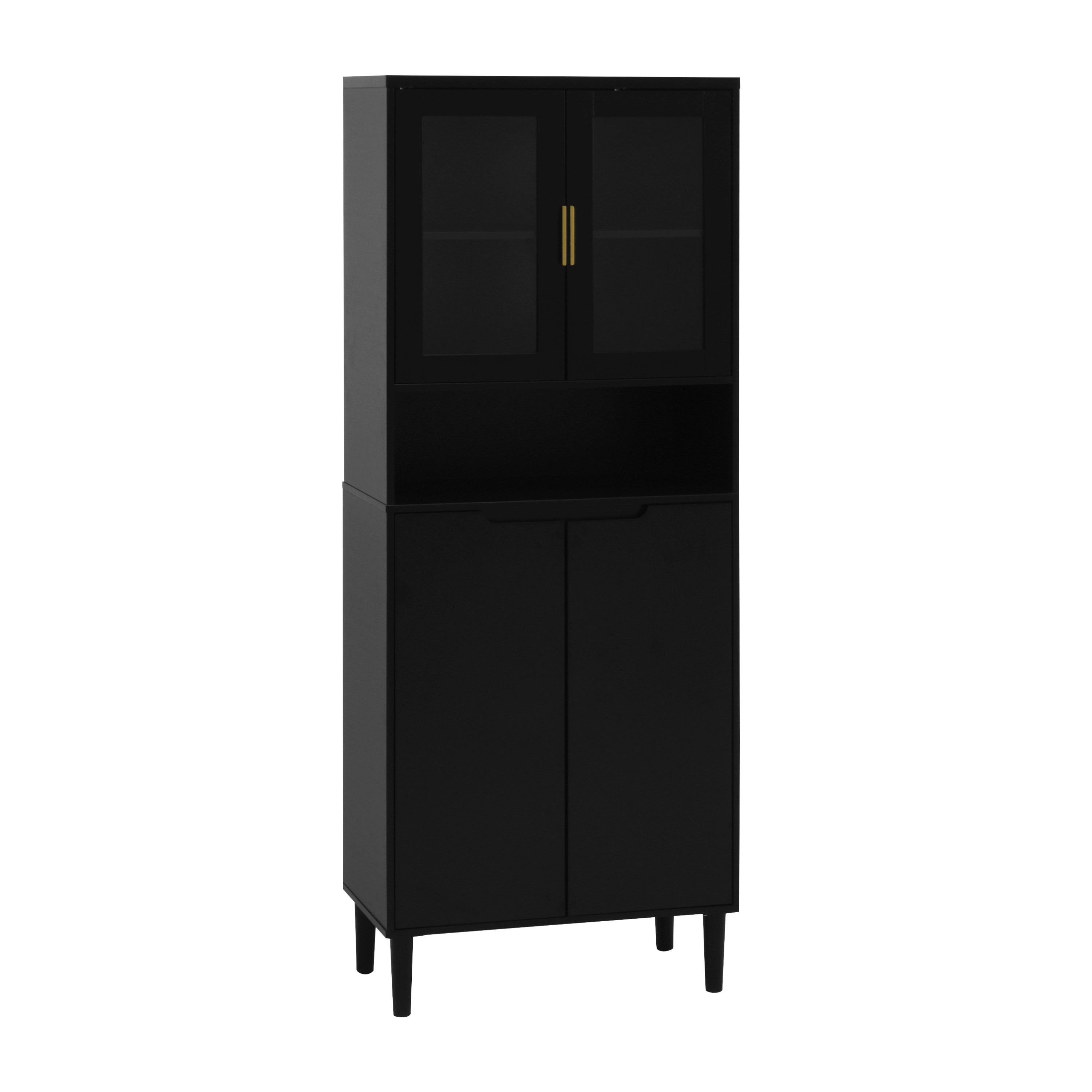 Tempered Glass Door Tall Storage Bookcase with adjustable board, 4 doors MDF painting finished cabinet, Black, Living room Bedroom storage - Grand Goldman Shop