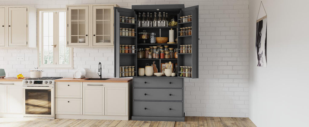 [Assembly Video Provided]TOPMAX 77inch Farmhouse Kitchen Pantry, Freestanding Tall Cupboard Storage Cabinet with 3 Adjustable Shelves, 8 Door Shelves, 3 Drawers for Kitchen, Dining Room, Gray - Grand Goldman Shop