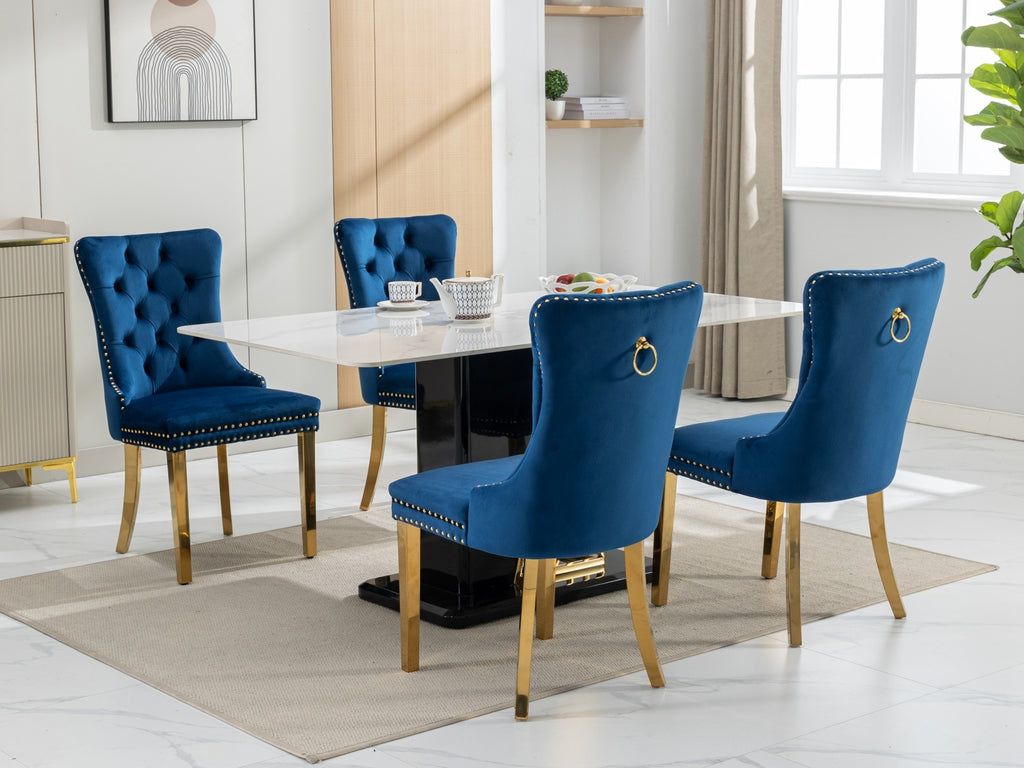 A&A Furniture,Nikki Collection Modern, High-end Tufted Solid Wood Contemporary Velvet Upholstered Dining Chair with Golden Stainless Steel Plating Legs,Nailhead Trim,Set of 2,Blue and Gold, SW1601BL - Grand Goldman Shop