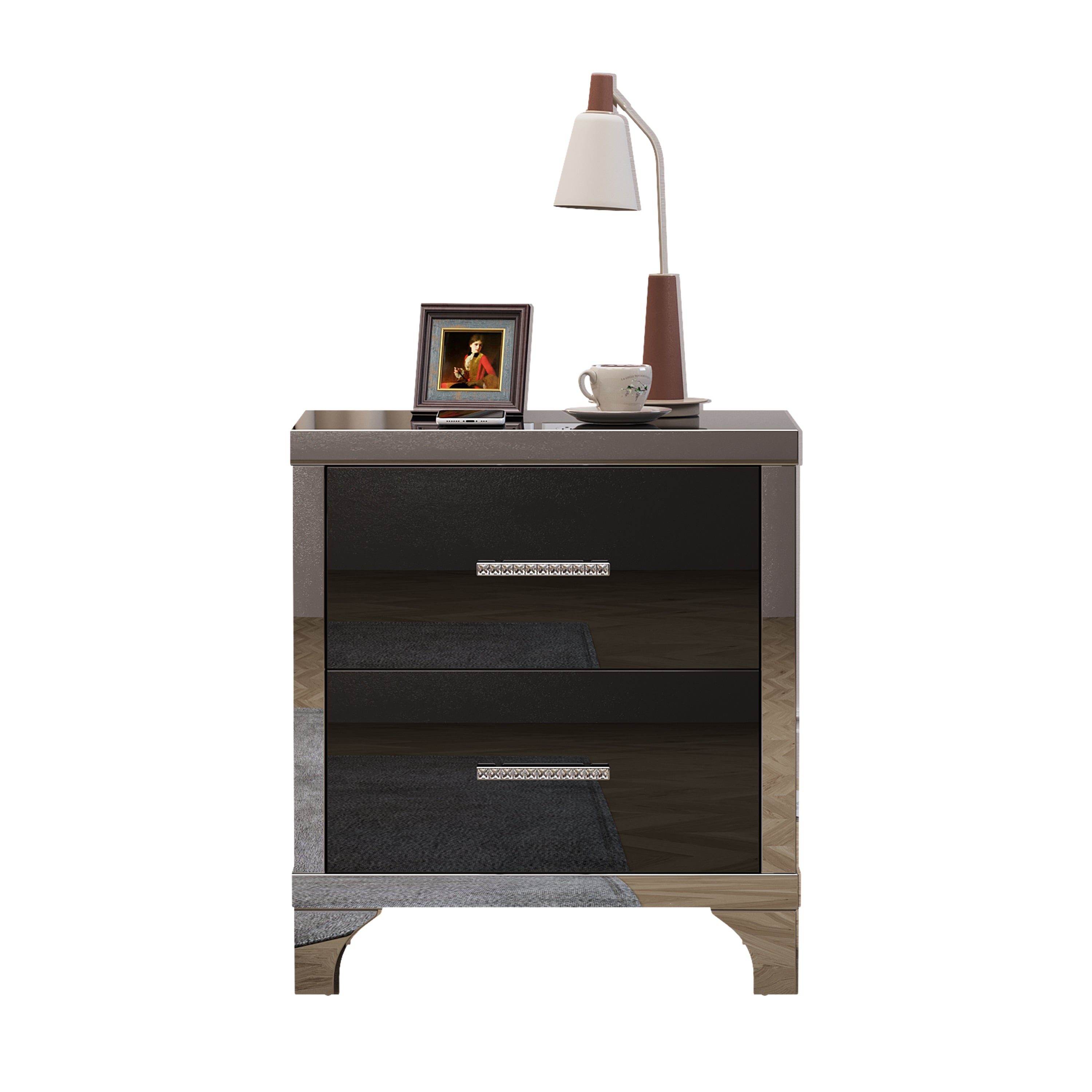 High Gloss Mirrored Nightstand with 2 Drawers,Modern End Table with Drawers,Mirrored High Gloss Wood Nightstand Metal Handle Bedside End Table for Bedroom, Dorm,Living Room,Black - Grand Goldman Shop