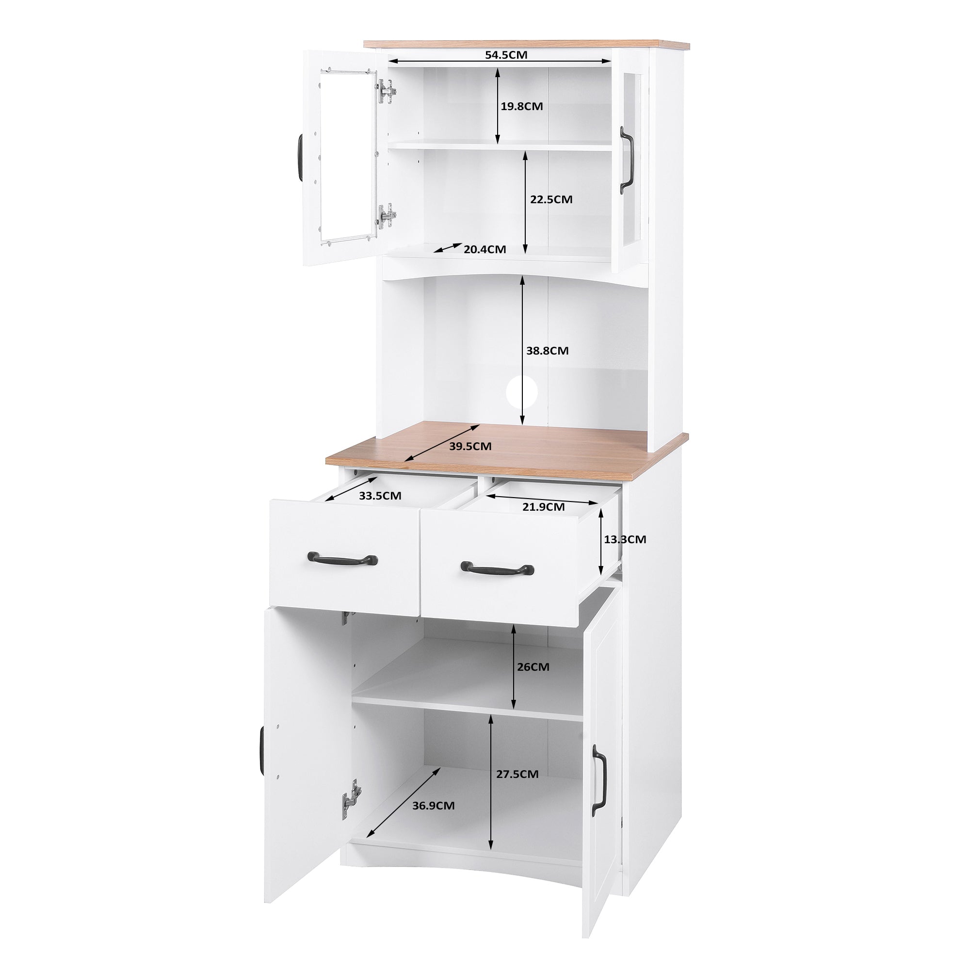 Wooden Kitchen Cabinet White Pantry Room Storage Microwave Cabinet with Framed Glass Doors and Drawer - Grand Goldman Shop